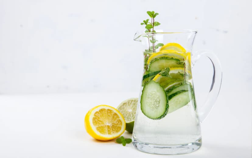 Front view of detox water in glass jug with lemon slices, cucumber, and fresh mint leaves