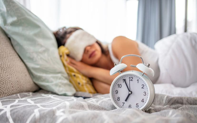 side view of lady peacefully sleeping in the bed and alarm is in front of her